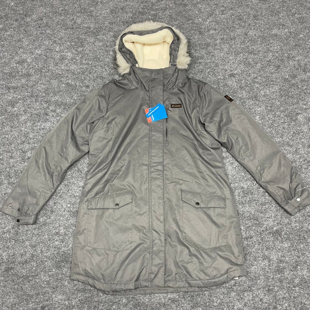 Columbia Long Jacket Womens XXL 2XL Grey Suttle Mountain Insulated Faux Fur Hood - Picture 1 of 15